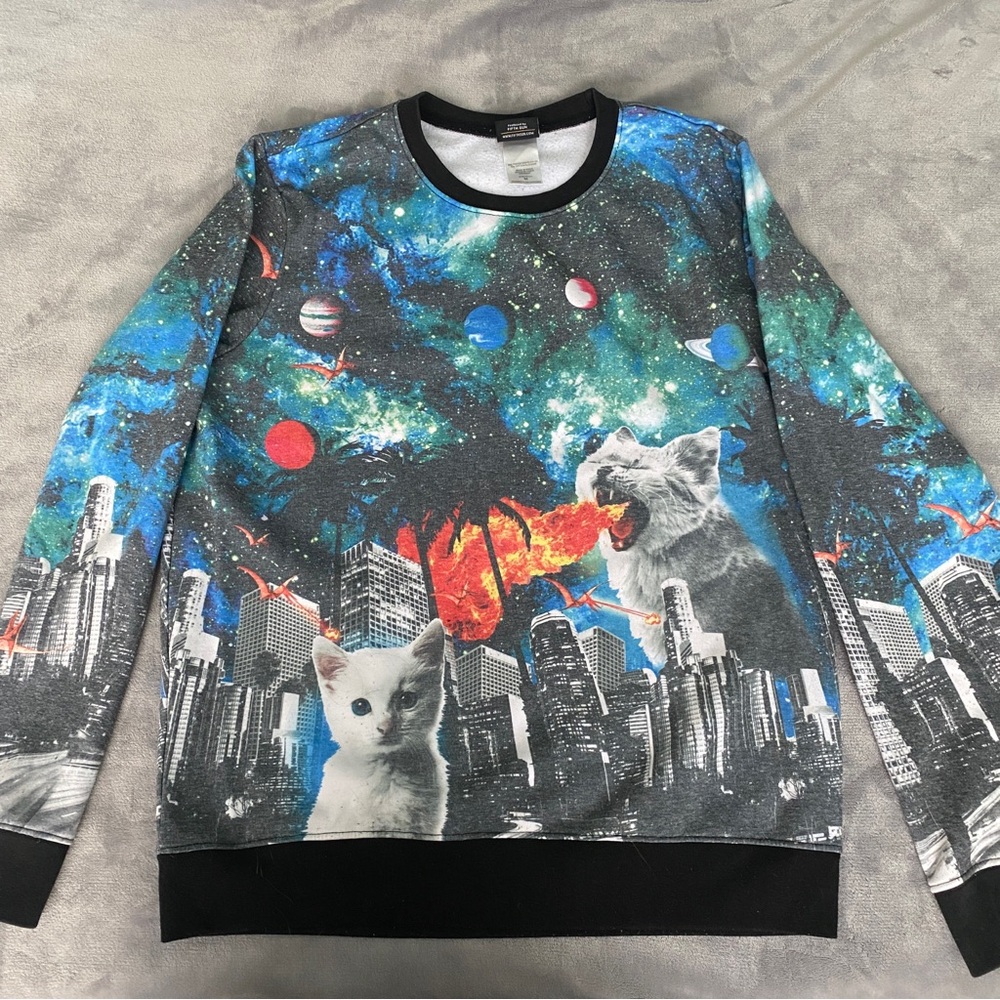 Fifth Sun Multicolor Galaxy Cat Crewneck Sweater